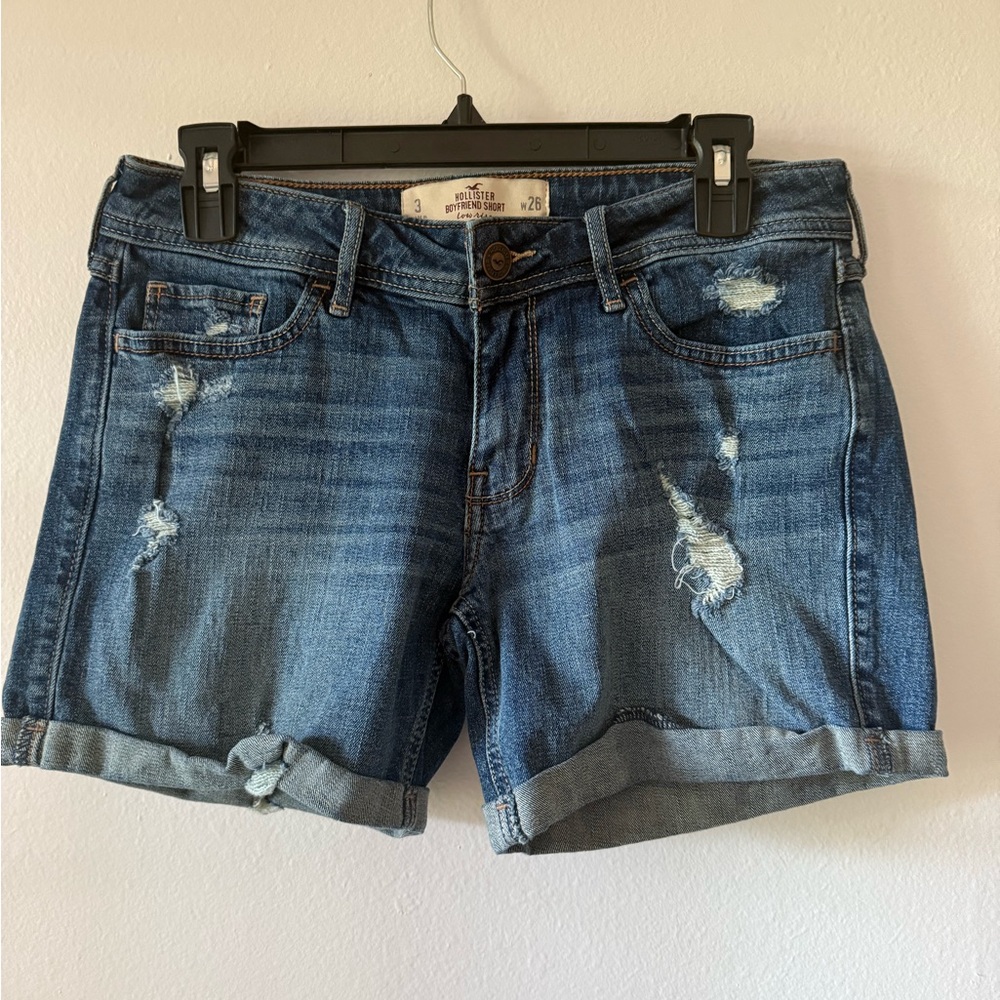Hollister Blue Distressed Jean Shorts with Cuffed Hem